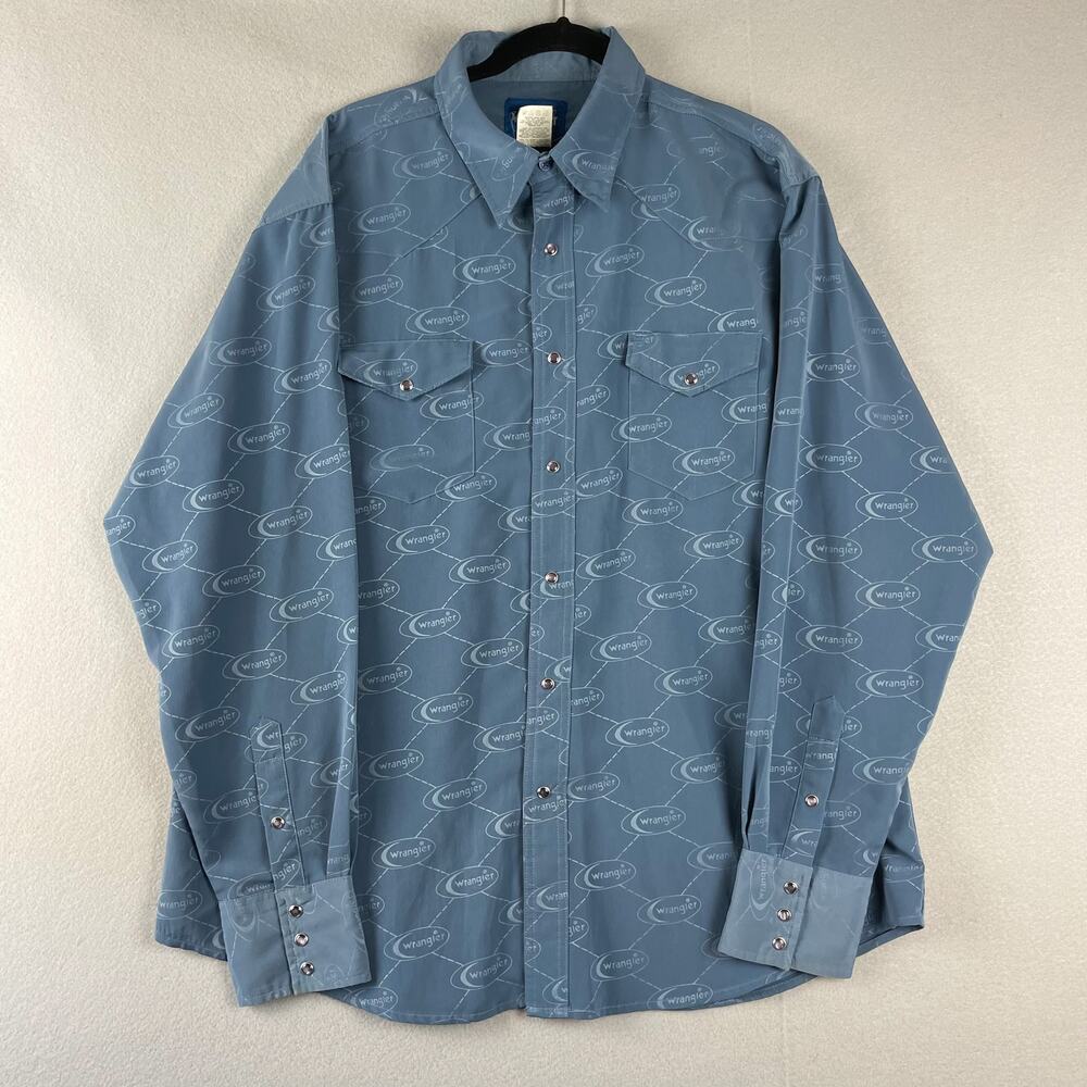 Vintage Wrangler Allover Print Western Shirt Mens XL Blue Pearl Snap Logo Cowboy